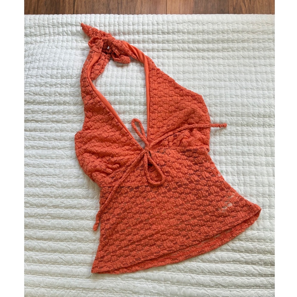 Viral Y2K Style See You Monday Orange Lace Halter Top Tie Front Deep Neck M NWT